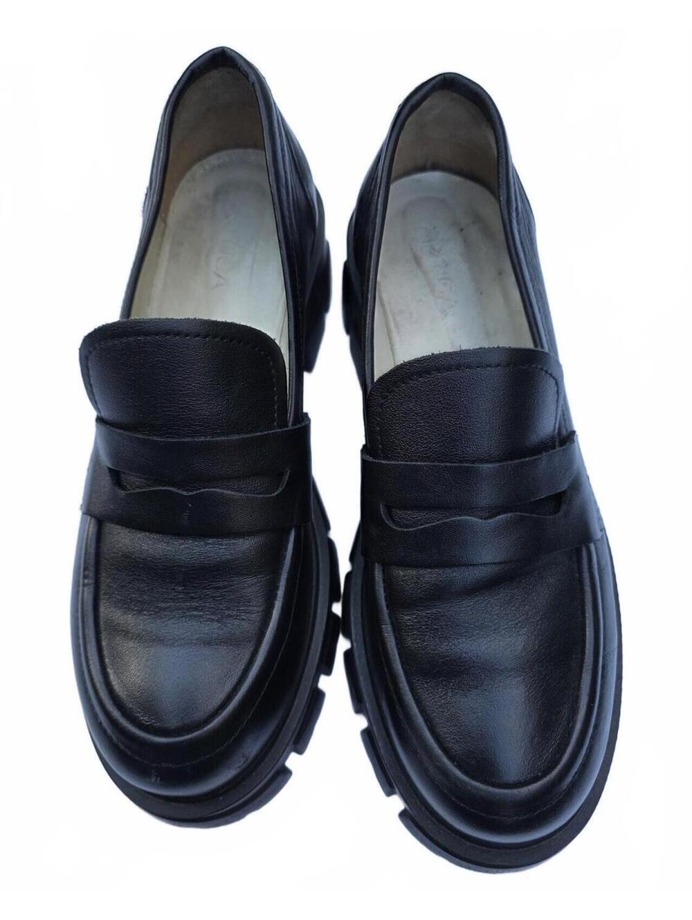 Artica Black Leather Chunky Lug Sole Penny Loafers Platform Slip On Shoes